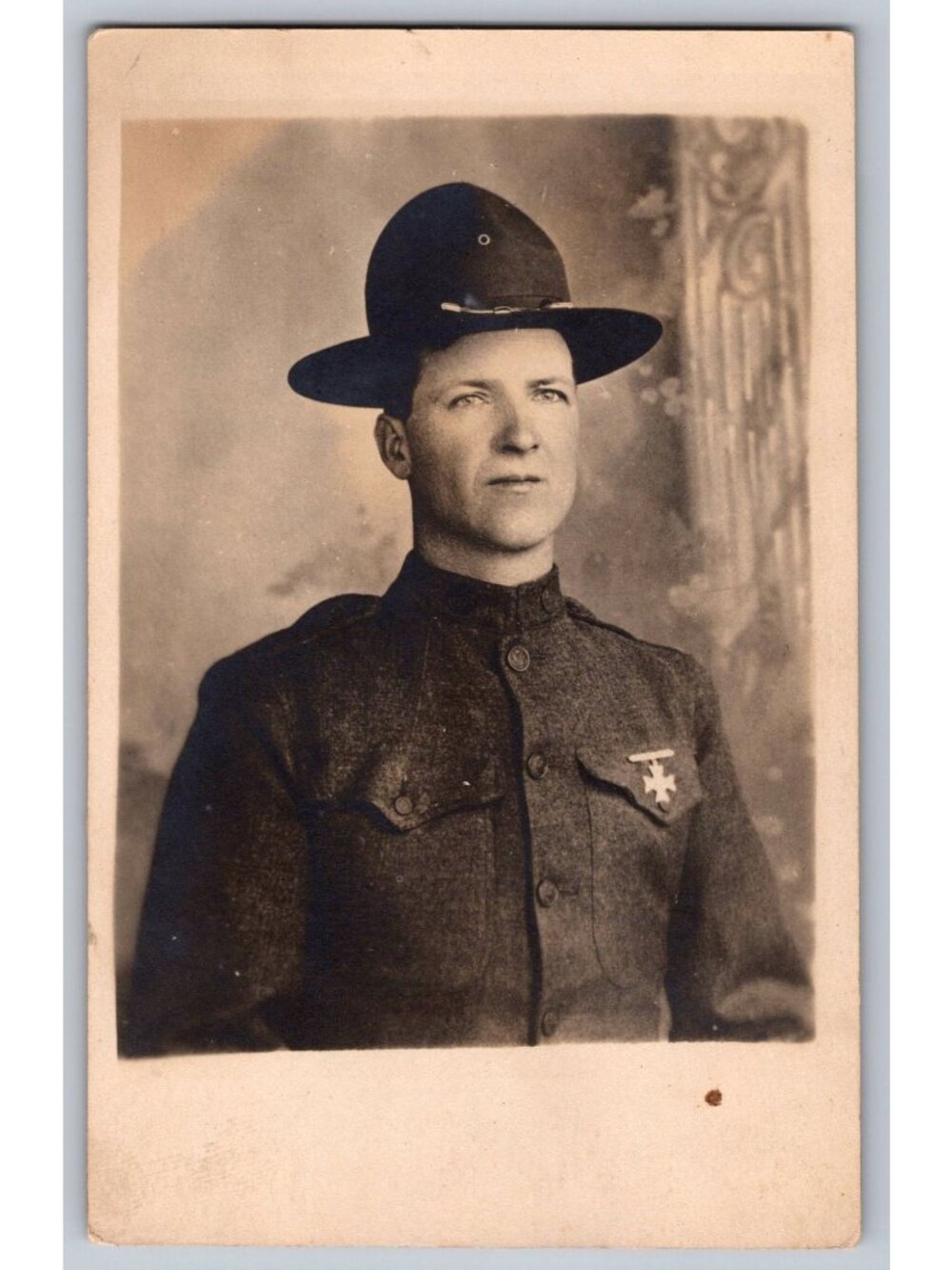 WWI US Army Soldier RPPC Postcard Portrait Campaign Hat Marksman Badge Charlie